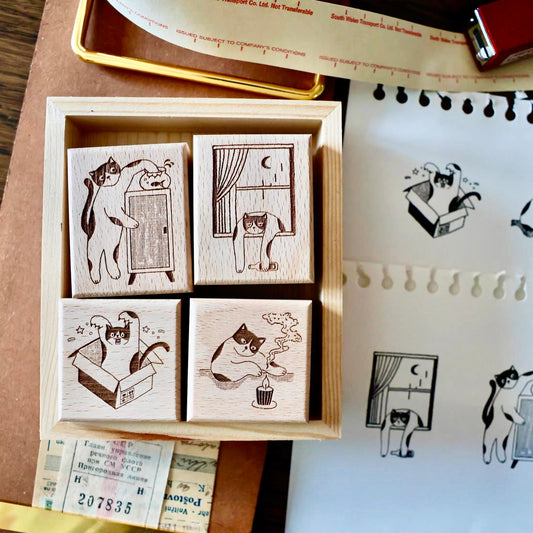 Two Raccoons - Everyday Cat Drama | Wooden Box | 4pcs Rubber Stamp Set