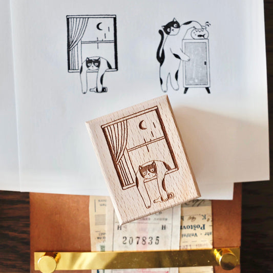 Two Raccoons - Everyday Cat Drama | Wooden Box | 4pcs Rubber Stamp Set
