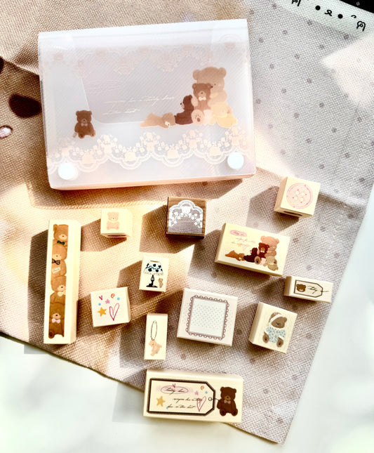 NEW! Xiao Xiao Studio - Lace Bear Collection | 12pc Stamp Set | Rubber Stamps | With Plastic Box