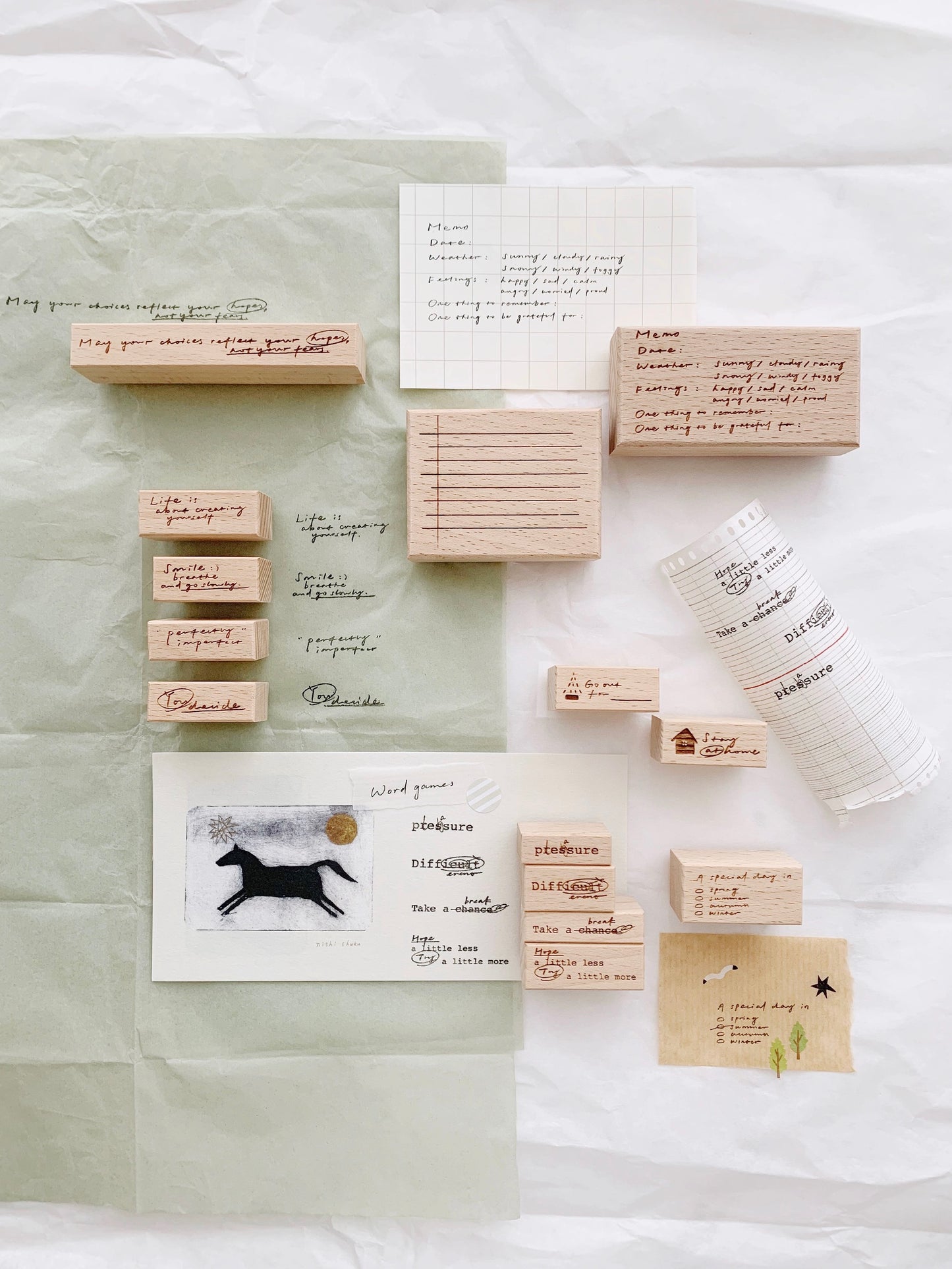 Two Raccoons X Partialafra - Mantras | Wood Box | Rubber Stamp Set