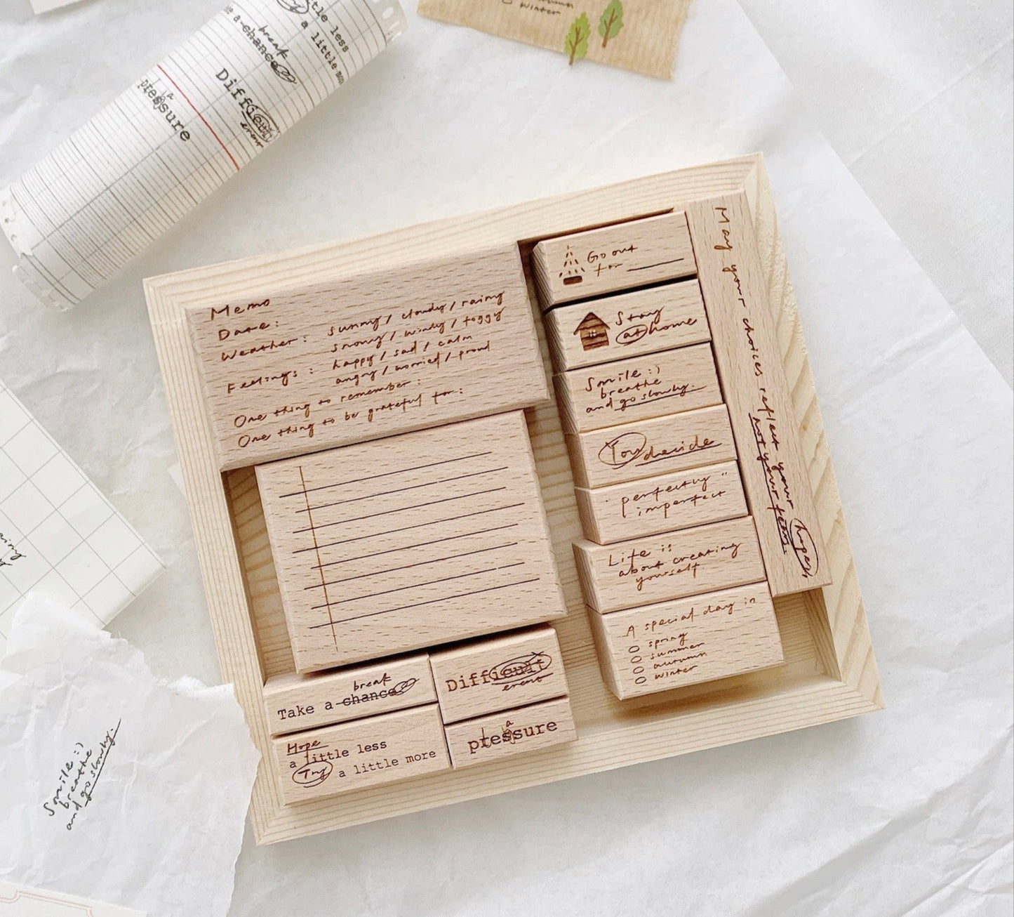 Two Raccoons X Partialafra - Mantras | Wood Box | Rubber Stamp Set