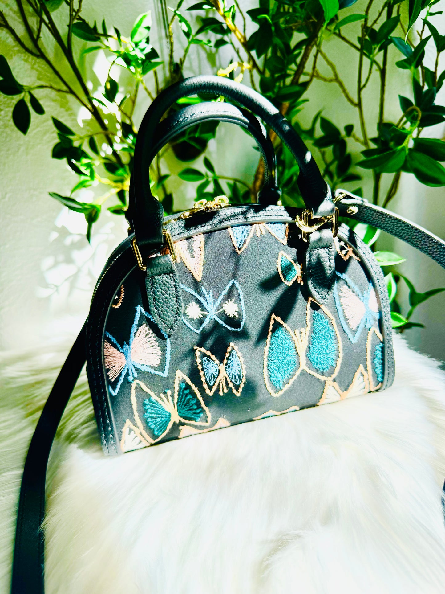 ESH Exclusive Collection - Green tambourine | Double-sided Pattern | mina perhonen Fabric | Real Leather | Handle | Crossbody | Handmade Products