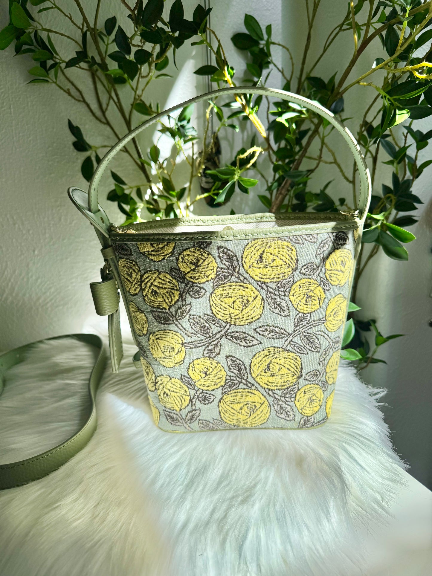 ESH Exclusive Collection - Yellow Rosy | Butterfly Bucket Bag | mina perhonen Fabric | Real Leather | Handle | Crossbody | Handmade Products