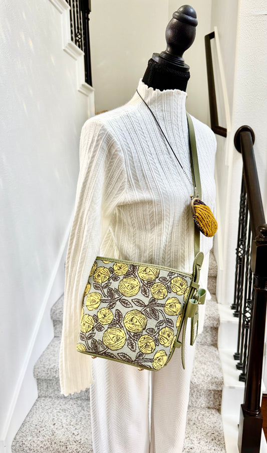 ESH Exclusive Collection - Yellow Rosy | Butterfly Bucket Bag | mina perhonen Fabric | Real Leather | Handle | Crossbody | Handmade Products