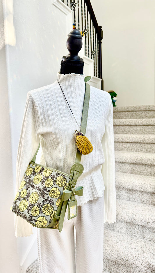 ESH Exclusive Collection - Yellow Rosy | Butterfly Bucket Bag | mina perhonen Fabric | Real Leather | Handle | Crossbody | Handmade Products