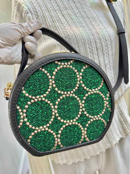 ESH Exclusive Collection - Green tambourine/ sing leaf | Double-sided Pattern | mina perhonen Fabric | Real Leather | Handle | Crossbody | Handmade Products