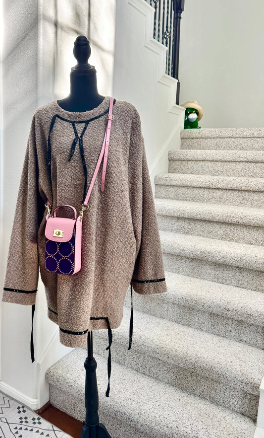 ESH Exclusive Collection - Purple | Phone Bag | Double-sided Pattern | mina perhonen Fabric | Real Leather | Handle | Crossbody | Handmade Products