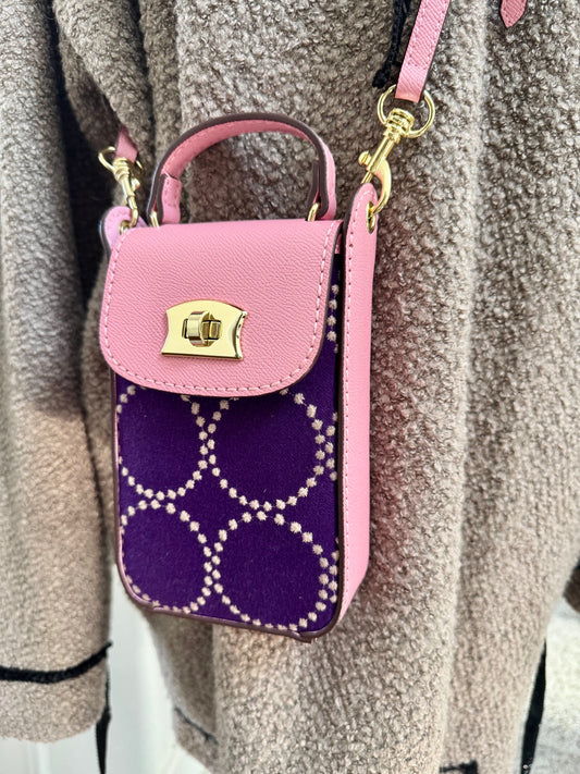 ESH Exclusive Collection - Purple | Phone Bag | Double-sided Pattern | mina perhonen Fabric | Real Leather | Handle | Crossbody | Handmade Products