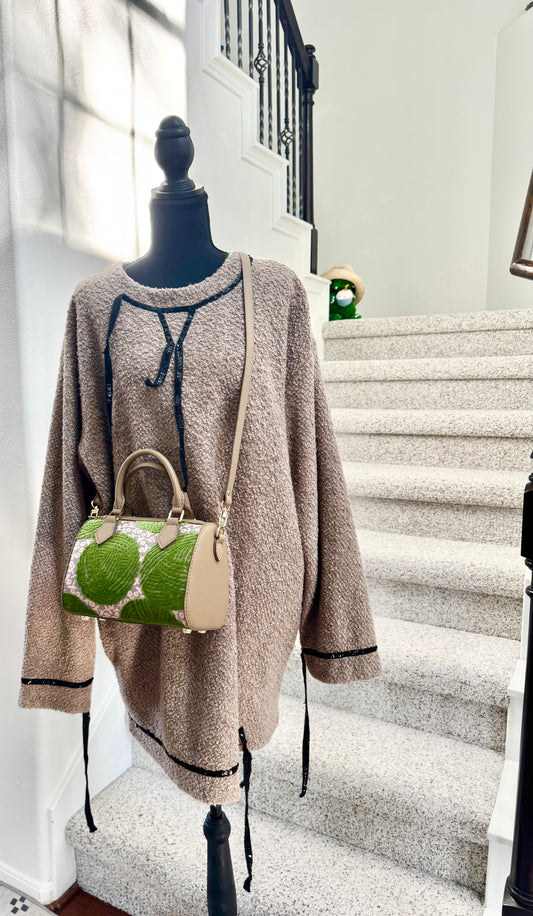 ESH Exclusive Collection - Green wool ball | Double-sided Pattern | mina perhonen Fabric | Real Leather | Handle | Crossbody | Handmade Products