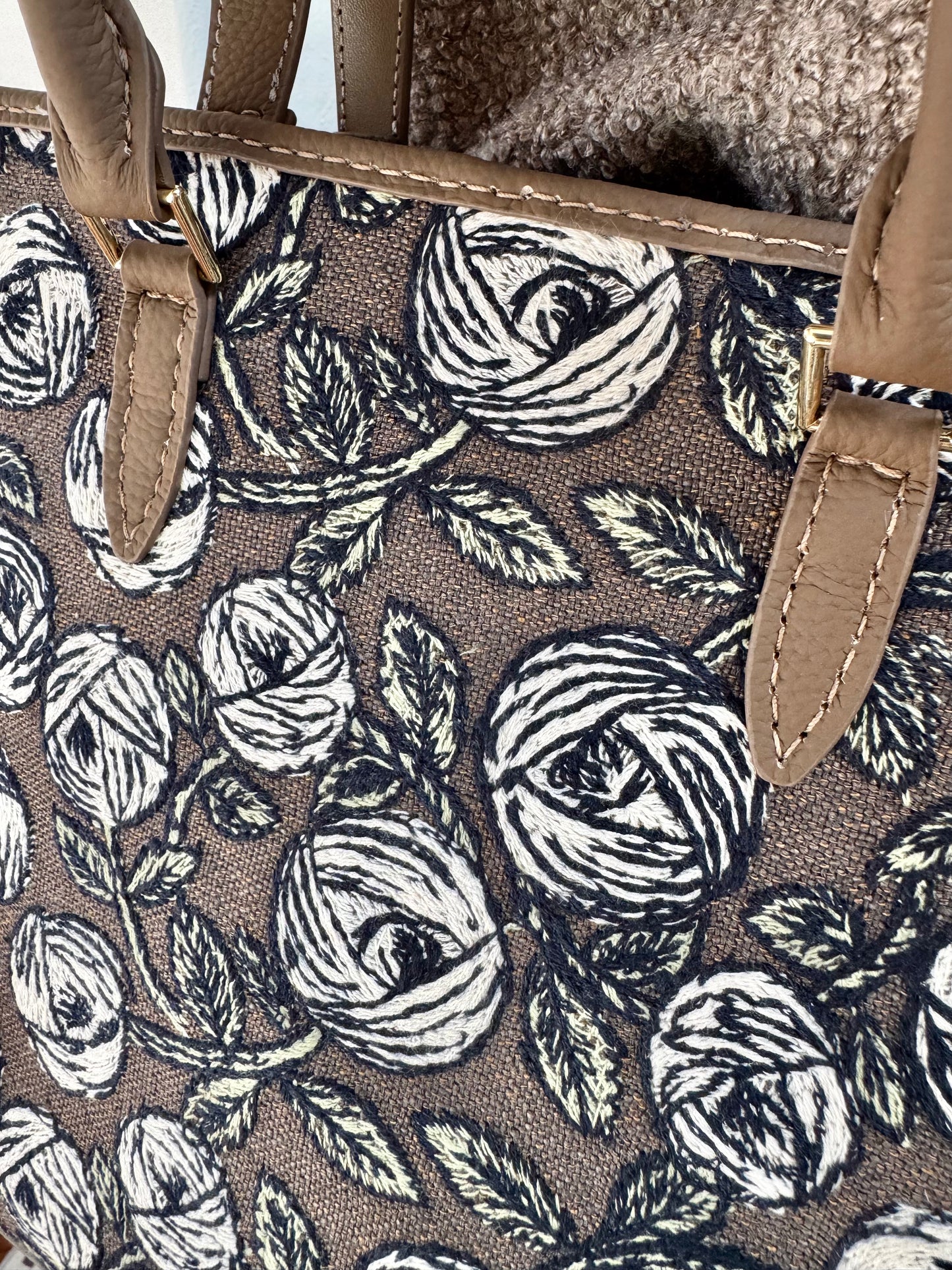 ESH Exclusive Collection - Embroidered Brown Rosy | Large Tote | mina perhonen Fabric | Real Leather | Handle | Handmade Products