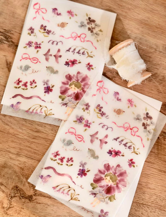 NEW! Meow Illustration - Flower Girl - Wisteria  | 2 Sheets | Rub On Sticker