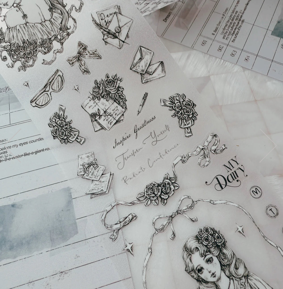 NEW! Journal Pages- Rose Maiden's Glance | Sketch Glitter | Kiss-cut | 7.5cm Tape | Release Paper | 6M