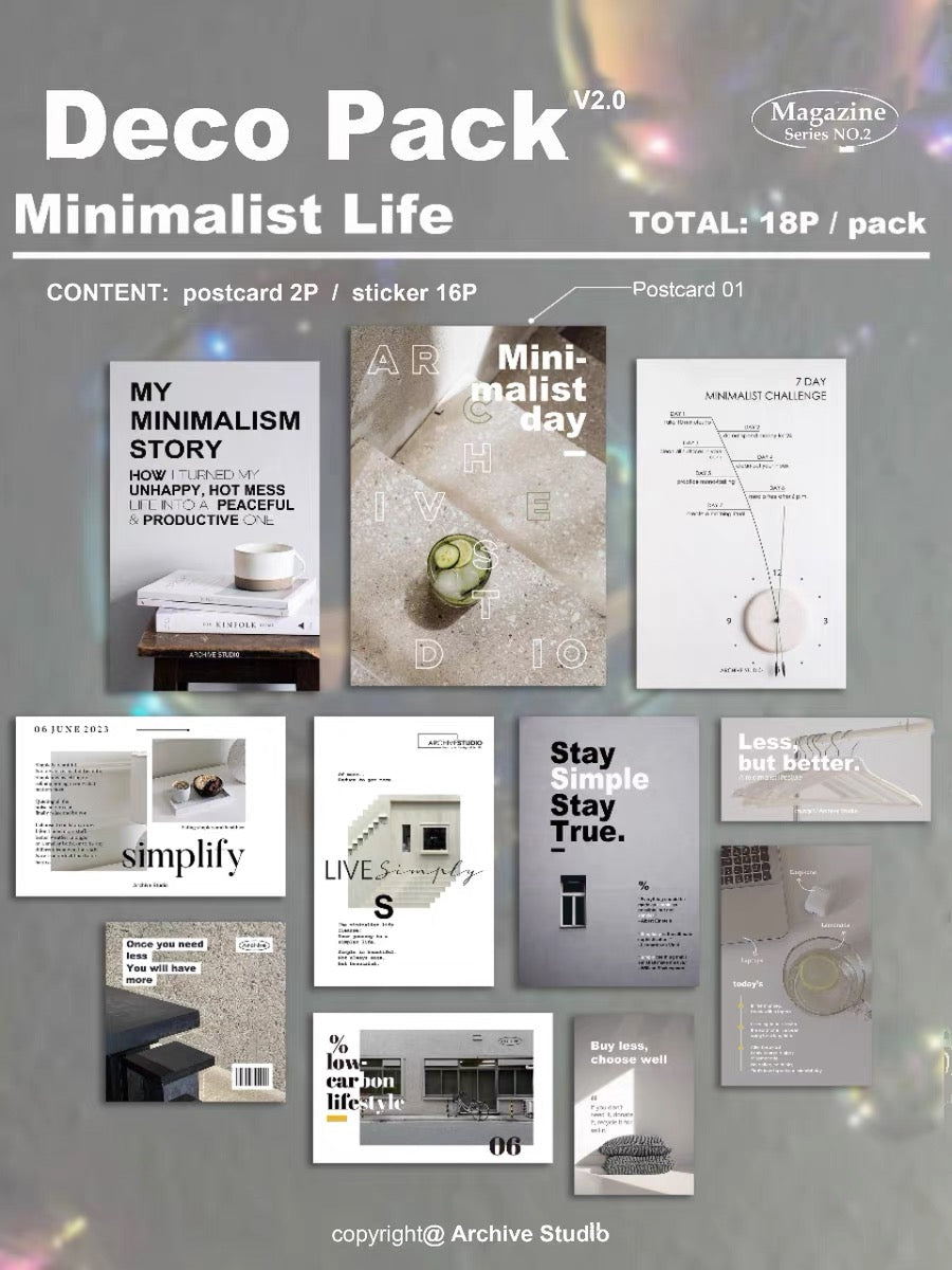 Archive Studio - Minimalist Life | 18pcs Deco Pack | Ephemera Paper | Sticker