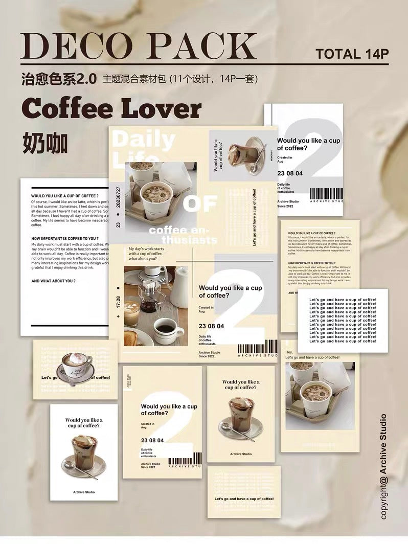 Archive Studio - Coffee Lover | 14pcs Deco Pack | Ephemera Paper | Sticker