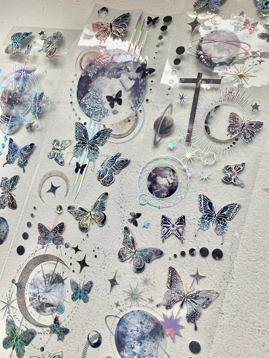 Man - Butterfly & Moon | 6cm Laser Silver | Iridescent PET Tape | Release Paper