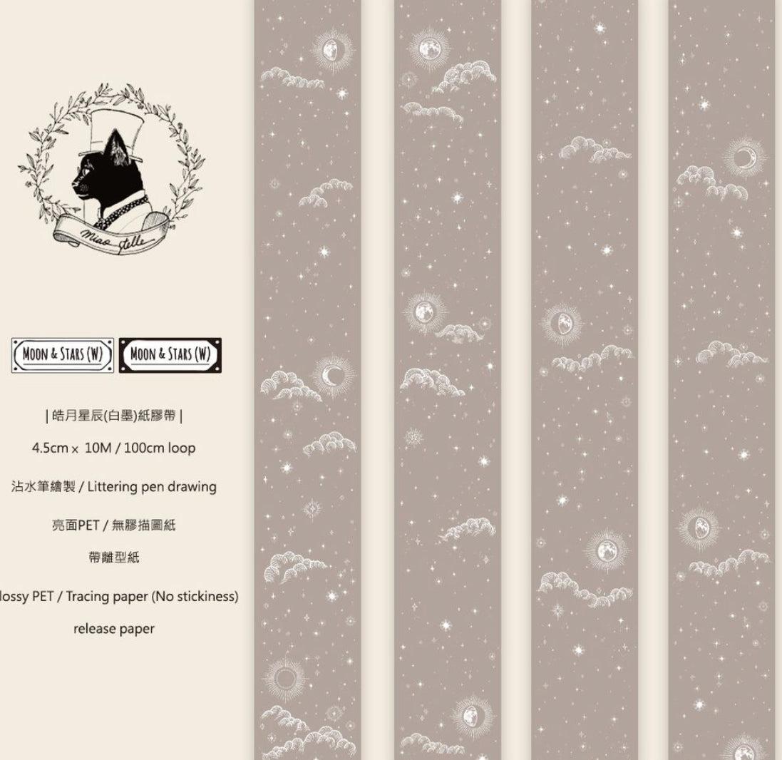 Miao Stelle - Moon & Stars (White Ink) | 4.5cm PET Tape | Release Paper