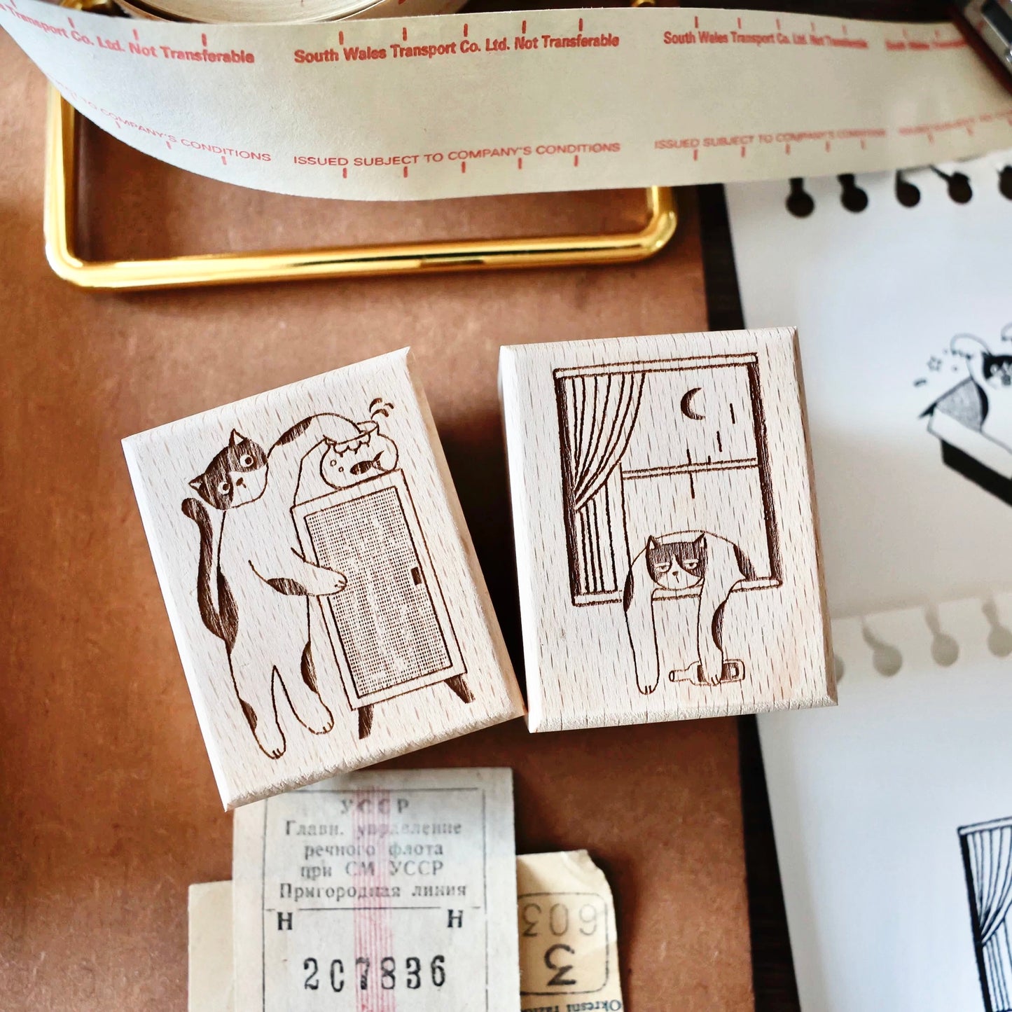 Two Raccoons - Everyday Cat Drama | Wooden Box | 4pcs Rubber Stamp Set