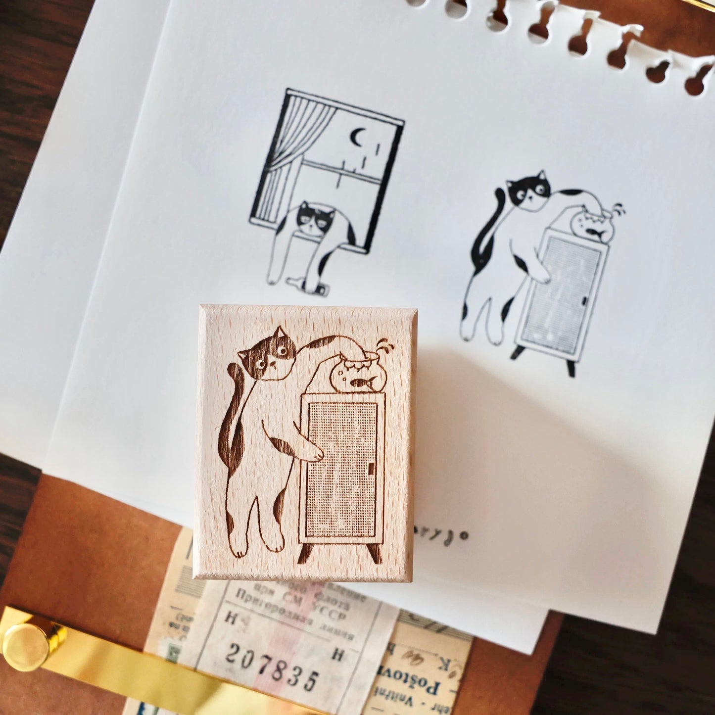 Two Raccoons - Everyday Cat Drama | Wooden Box | 4pcs Rubber Stamp Set