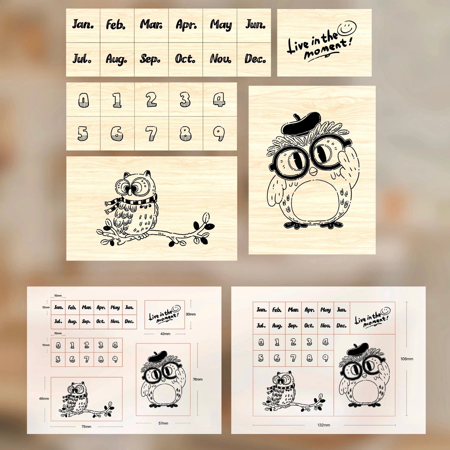 NEW! The Bagel - Calendar | 25pcs Stamp Set | With Wooden Box | Rubber Stamps