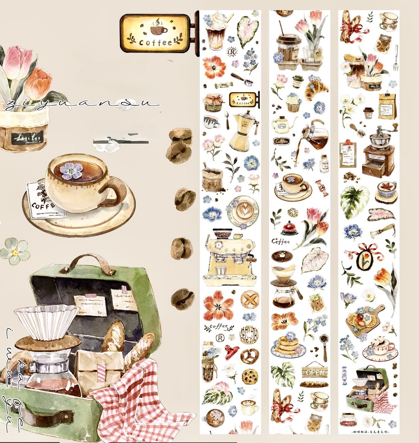 NEW! ZYS Studio - Coffee & Blooms | Kiss-cut | 5.5cm Tape | Release Paper | 5.2M