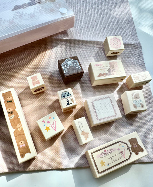NEW! Xiao Xiao Studio - Lace Bear Collection | 12pc Stamp Set | Rubber Stamps | With Plastic Box