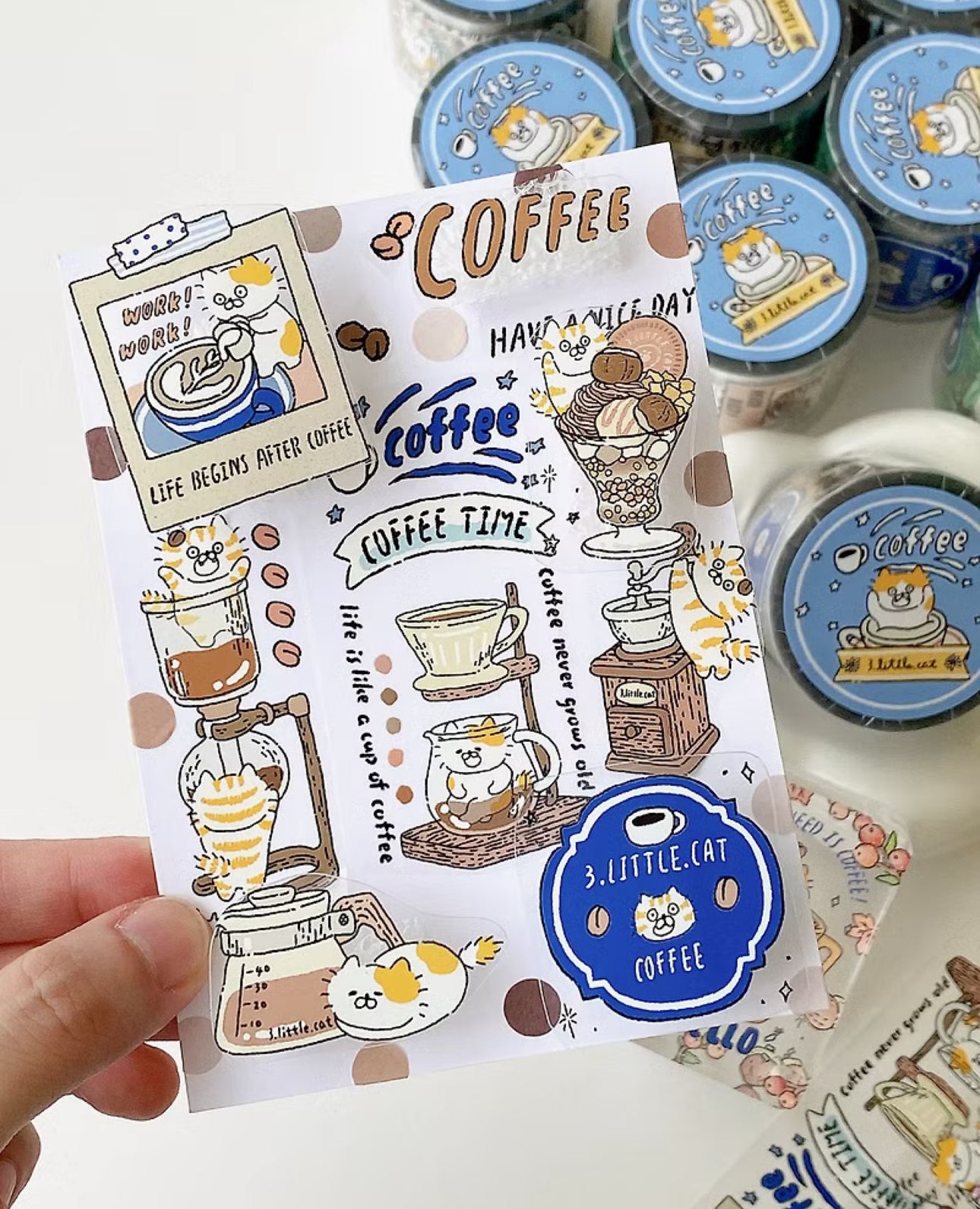 3 Little Cat - Coffee Polaroid | 4cm PET Tape |  Release Paper