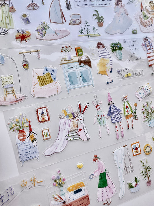 NEW! Lynn Illustration - A Girl and Her Dolls | Kiss-cut | 7cm PET Tape |  Release Paper | 5M