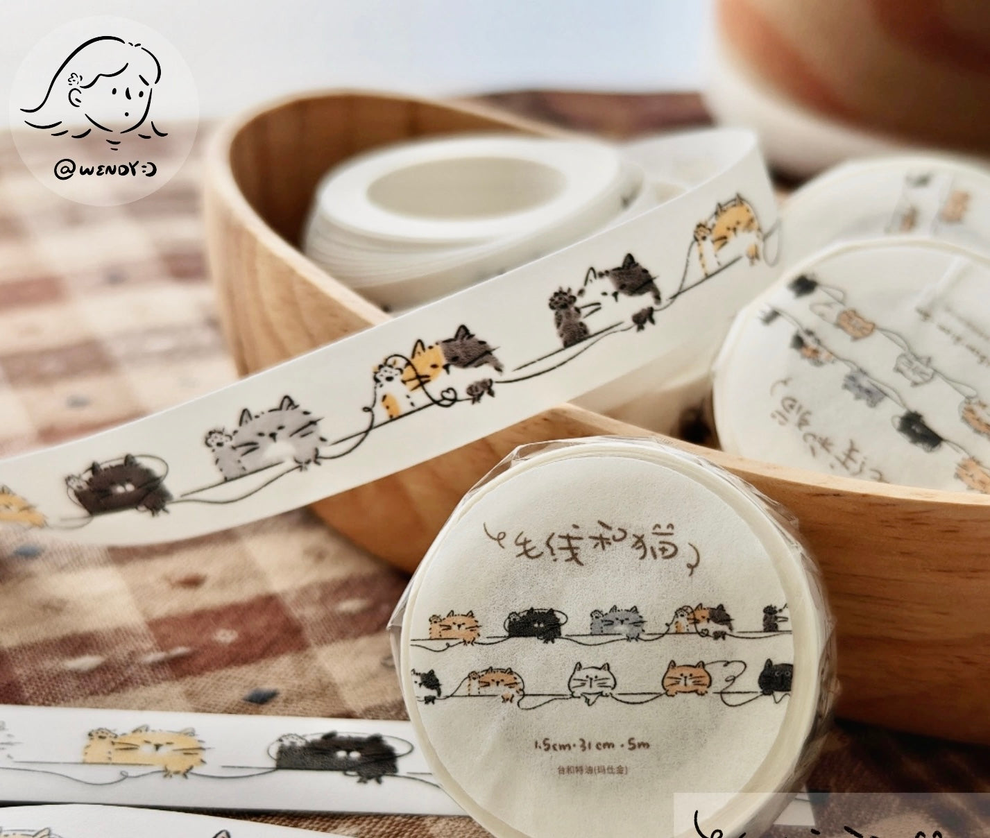 NEW! Wendy - Yarn & Cat | 1.5cm Washi Tape |  Release Paper | 5M