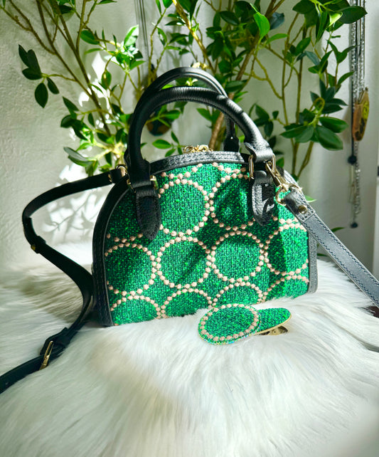ESH Exclusive Collection - Green tambourine | Double-sided Pattern | mina perhonen Fabric | Real Leather | Handle | Crossbody | Handmade Products