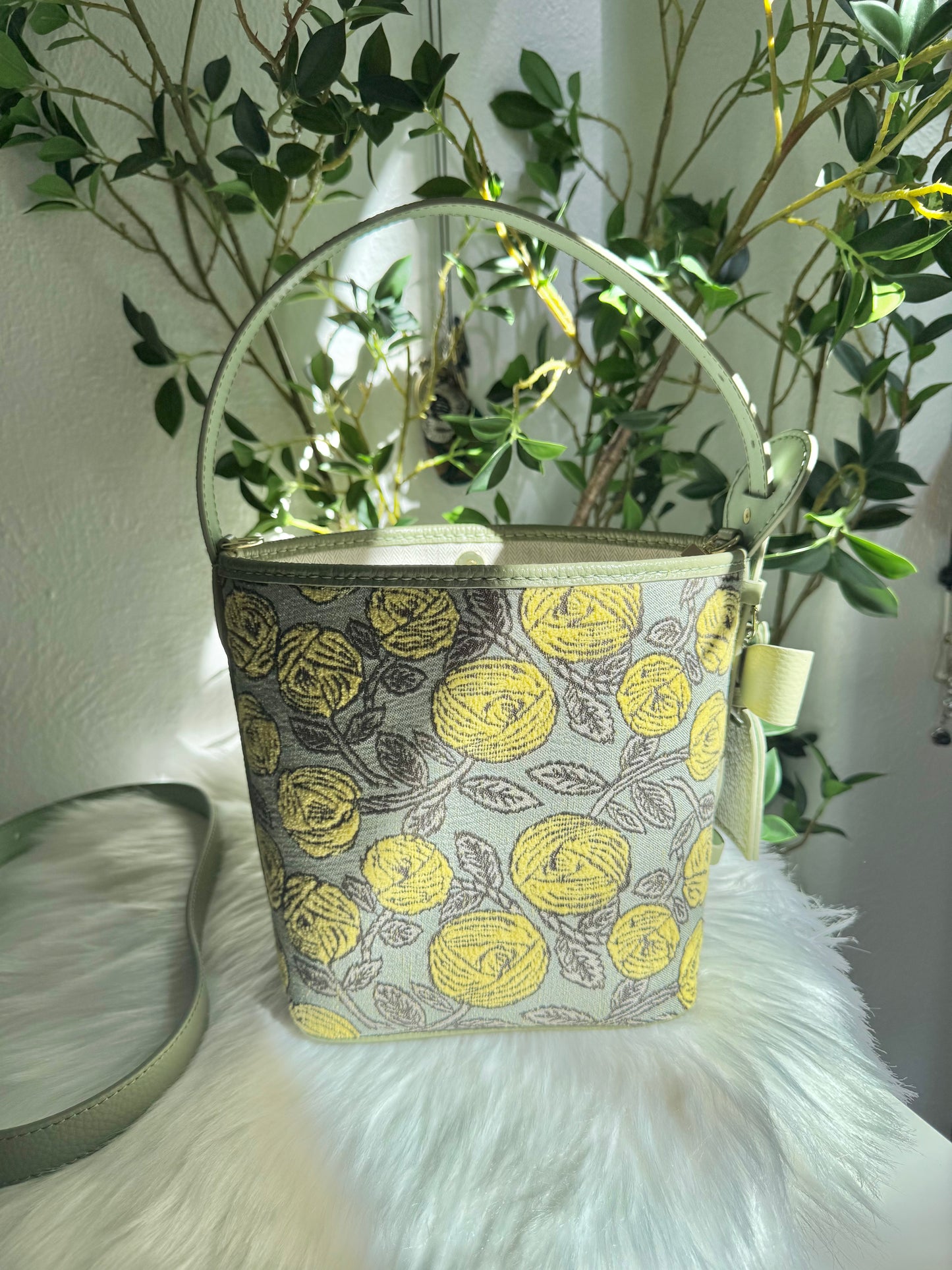 ESH Exclusive Collection - Yellow Rosy | Butterfly Bucket Bag | mina perhonen Fabric | Real Leather | Handle | Crossbody | Handmade Products
