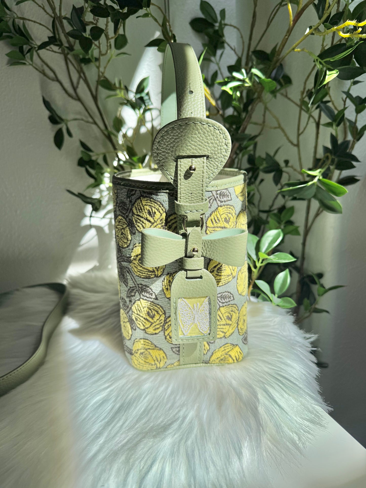 ESH Exclusive Collection - Yellow Rosy | Butterfly Bucket Bag | mina perhonen Fabric | Real Leather | Handle | Crossbody | Handmade Products