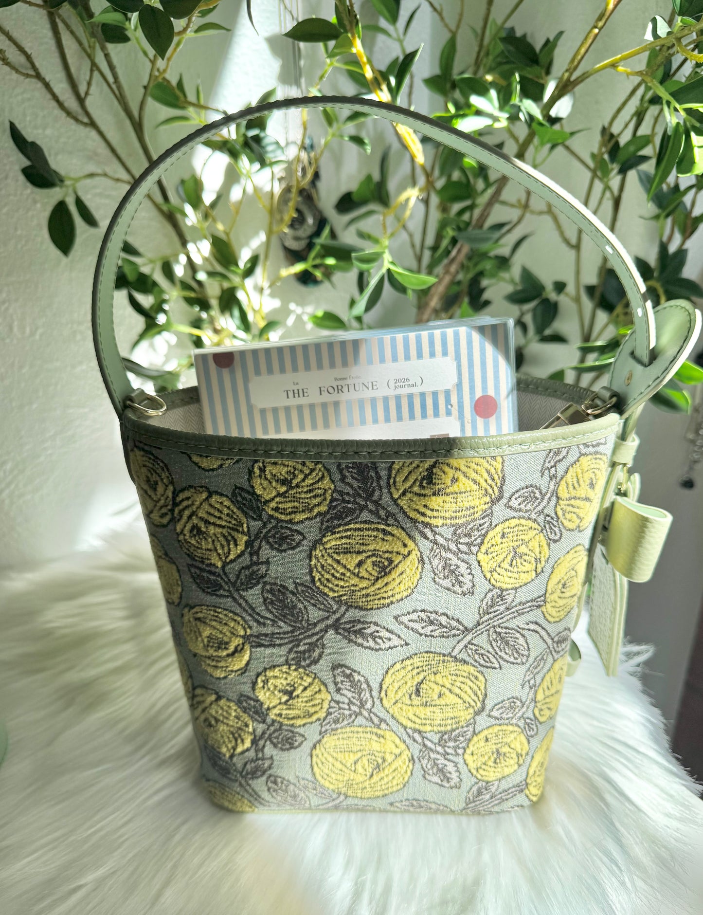 ESH Exclusive Collection - Yellow Rosy | Butterfly Bucket Bag | mina perhonen Fabric | Real Leather | Handle | Crossbody | Handmade Products