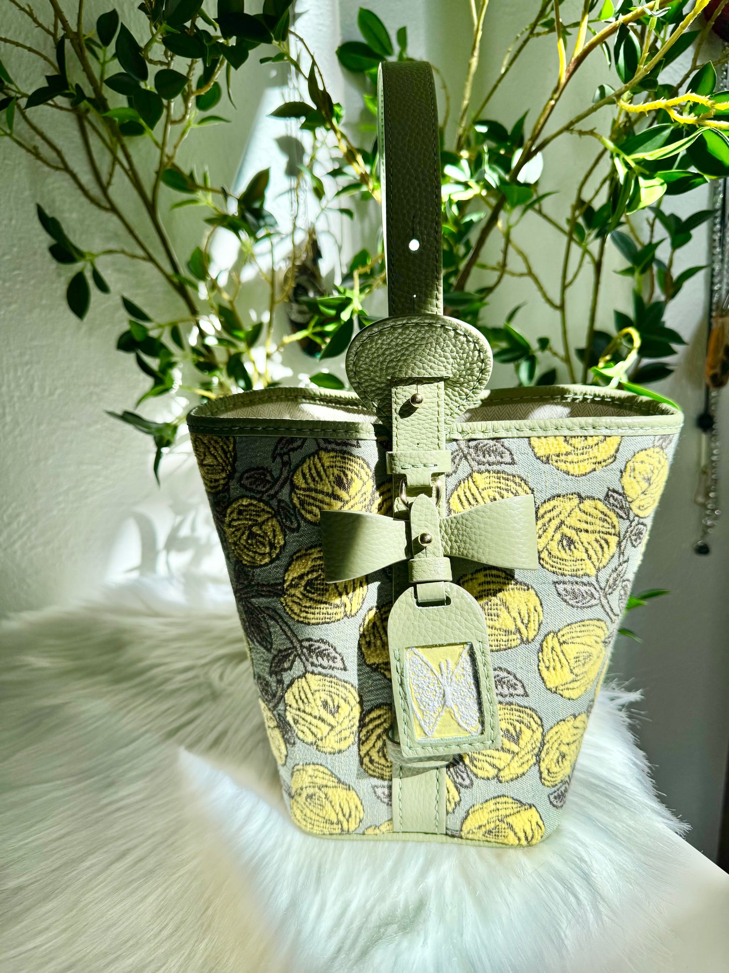 ESH Exclusive Collection - Yellow Rosy | Butterfly Bucket Bag | mina perhonen Fabric | Real Leather | Handle | Crossbody | Handmade Products