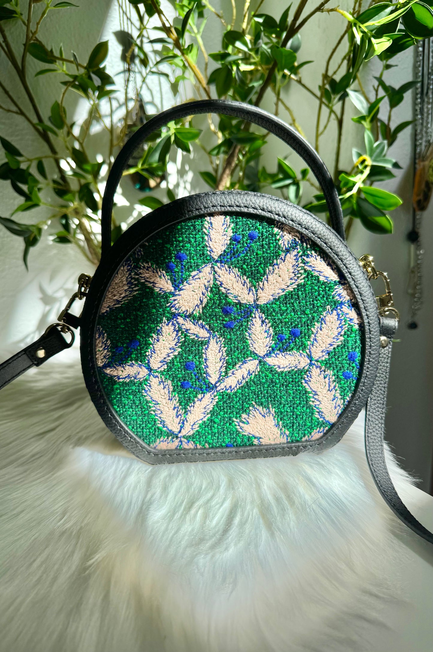 ESH Exclusive Collection - Green tambourine/ sing leaf | Double-sided Pattern | mina perhonen Fabric | Real Leather | Handle | Crossbody | Handmade Products