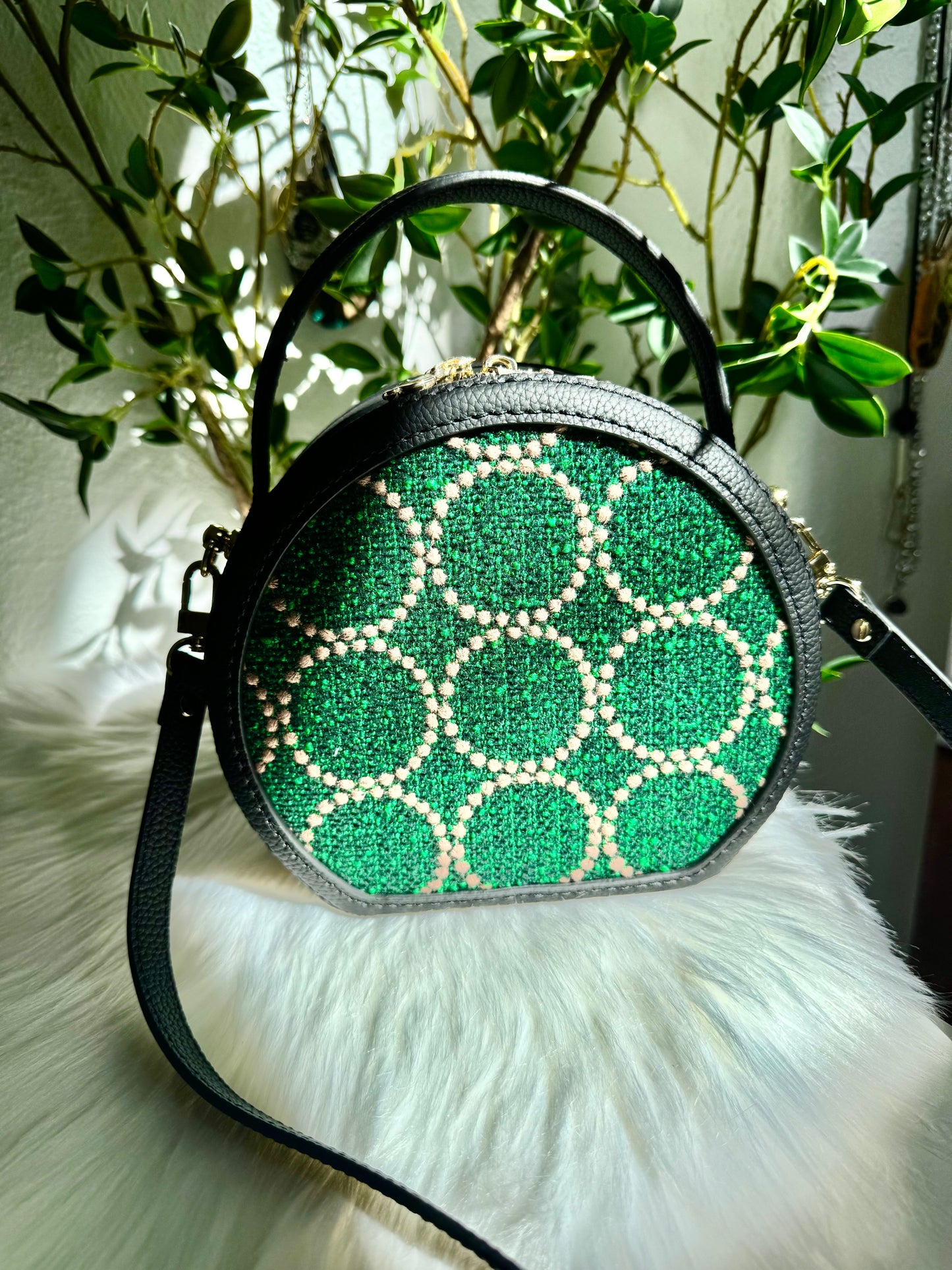 ESH Exclusive Collection - Green tambourine/ sing leaf | Double-sided Pattern | mina perhonen Fabric | Real Leather | Handle | Crossbody | Handmade Products
