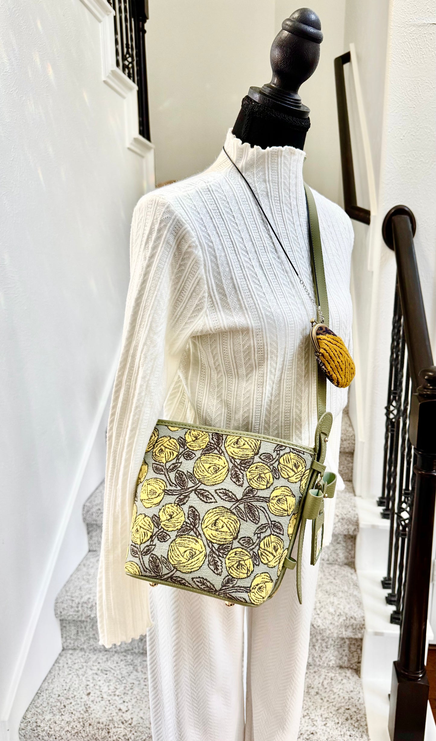 ESH Exclusive Collection - Yellow Rosy | Butterfly Bucket Bag | mina perhonen Fabric | Real Leather | Handle | Crossbody | Handmade Products