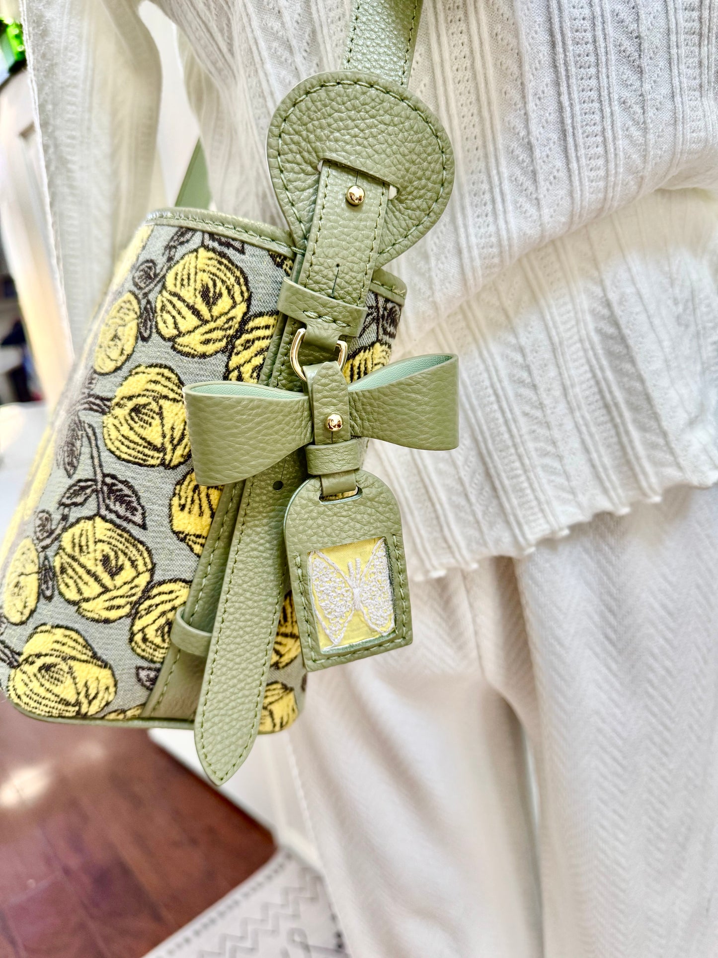 ESH Exclusive Collection - Yellow Rosy | Butterfly Bucket Bag | mina perhonen Fabric | Real Leather | Handle | Crossbody | Handmade Products