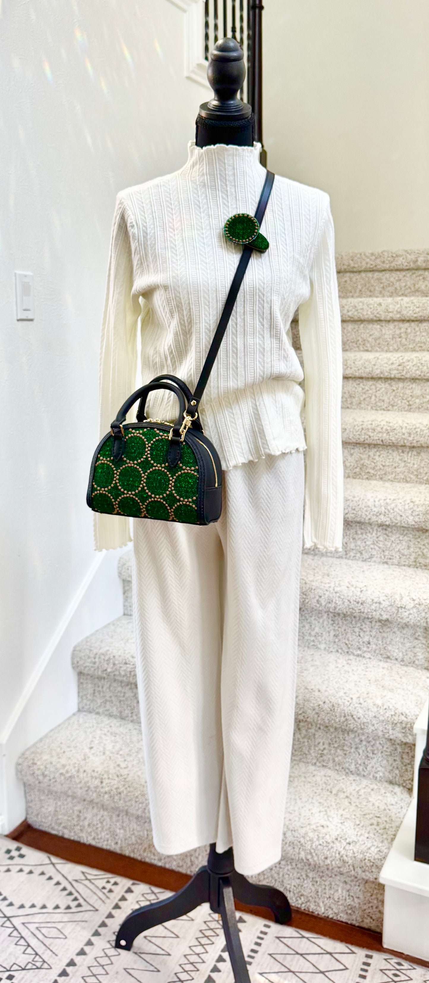 ESH Exclusive Collection - Green tambourine | Double-sided Pattern | mina perhonen Fabric | Real Leather | Handle | Crossbody | Handmade Products