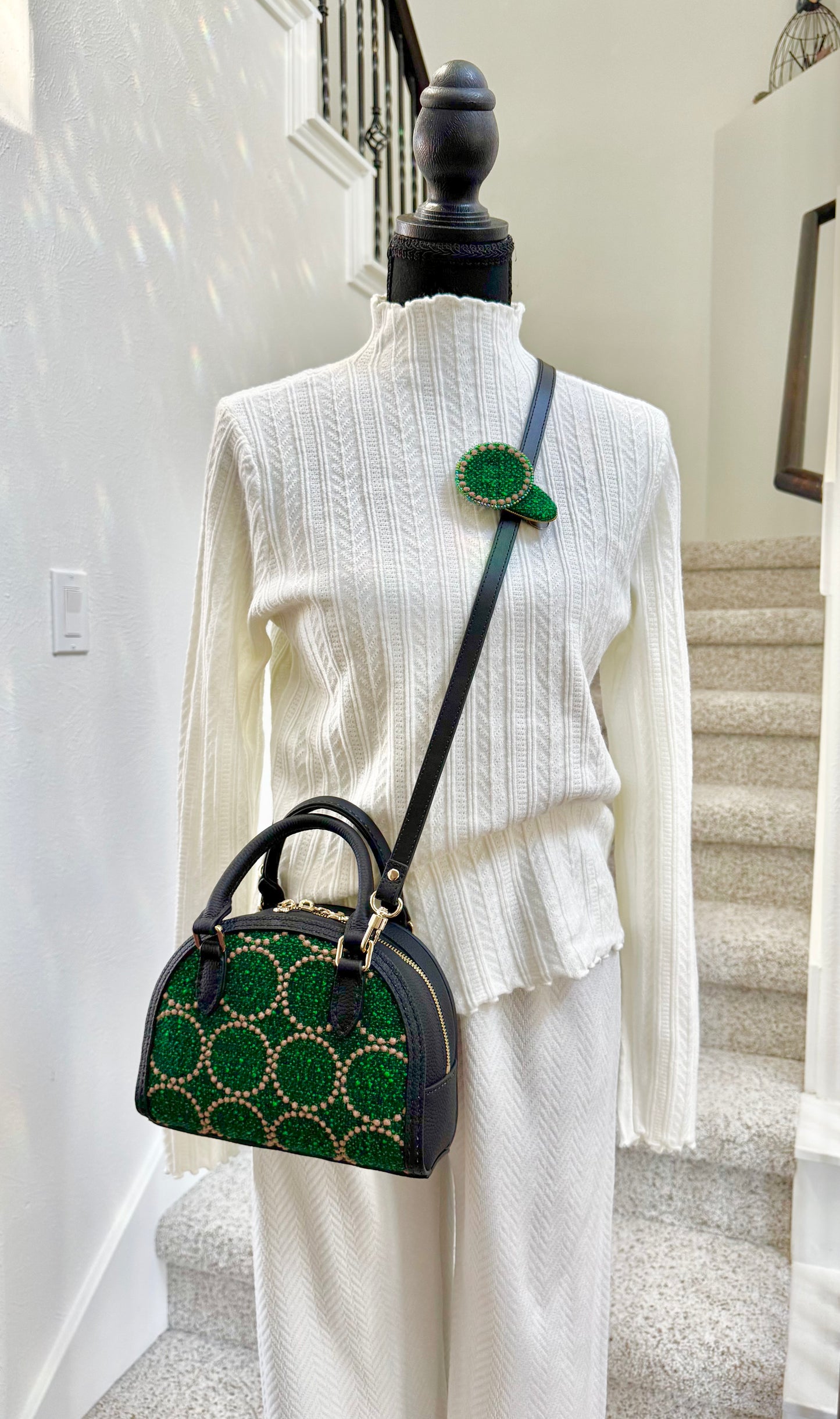 ESH Exclusive Collection - Green tambourine | Double-sided Pattern | mina perhonen Fabric | Real Leather | Handle | Crossbody | Handmade Products