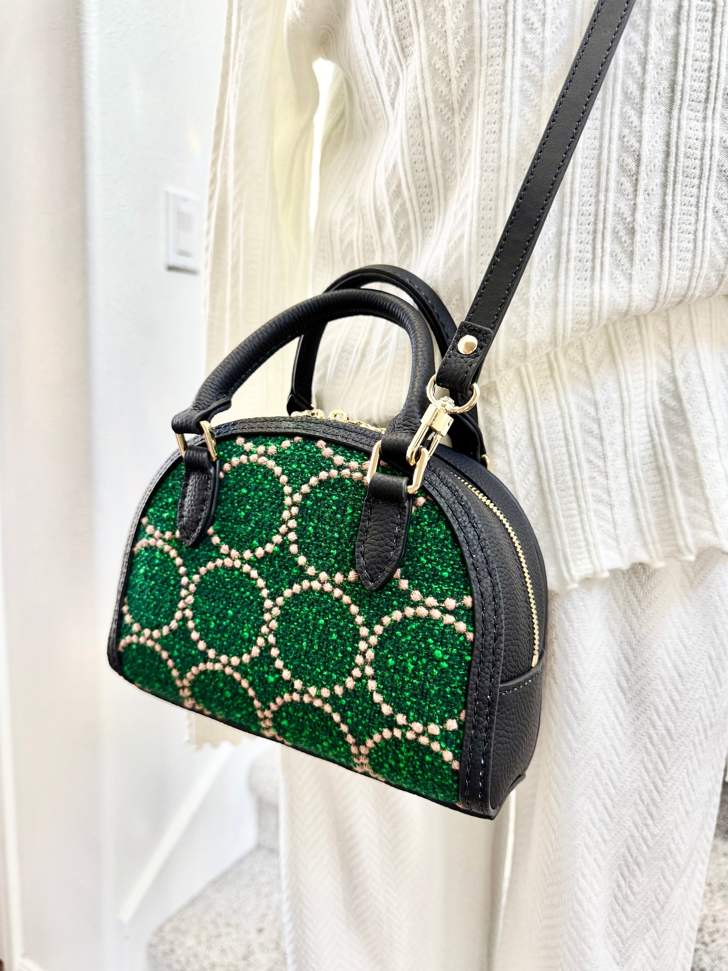 ESH Exclusive Collection - Green tambourine | Double-sided Pattern | mina perhonen Fabric | Real Leather | Handle | Crossbody | Handmade Products