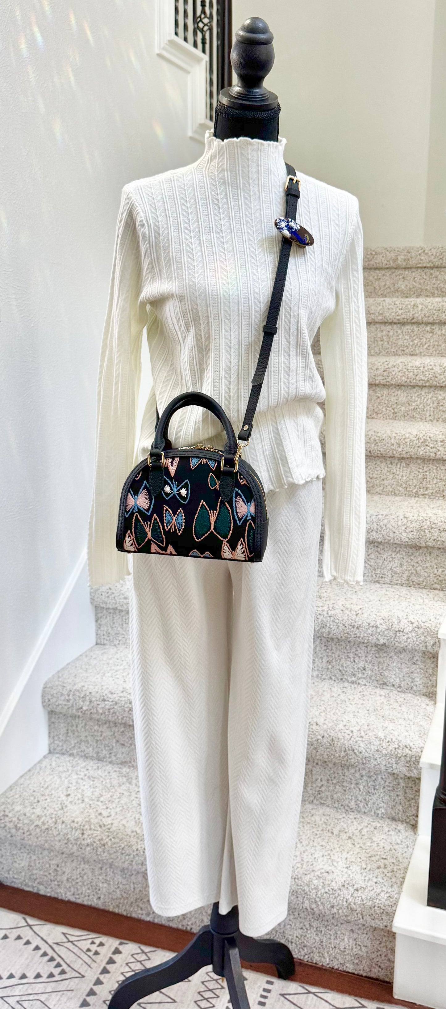 ESH Exclusive Collection - Green tambourine | Double-sided Pattern | mina perhonen Fabric | Real Leather | Handle | Crossbody | Handmade Products