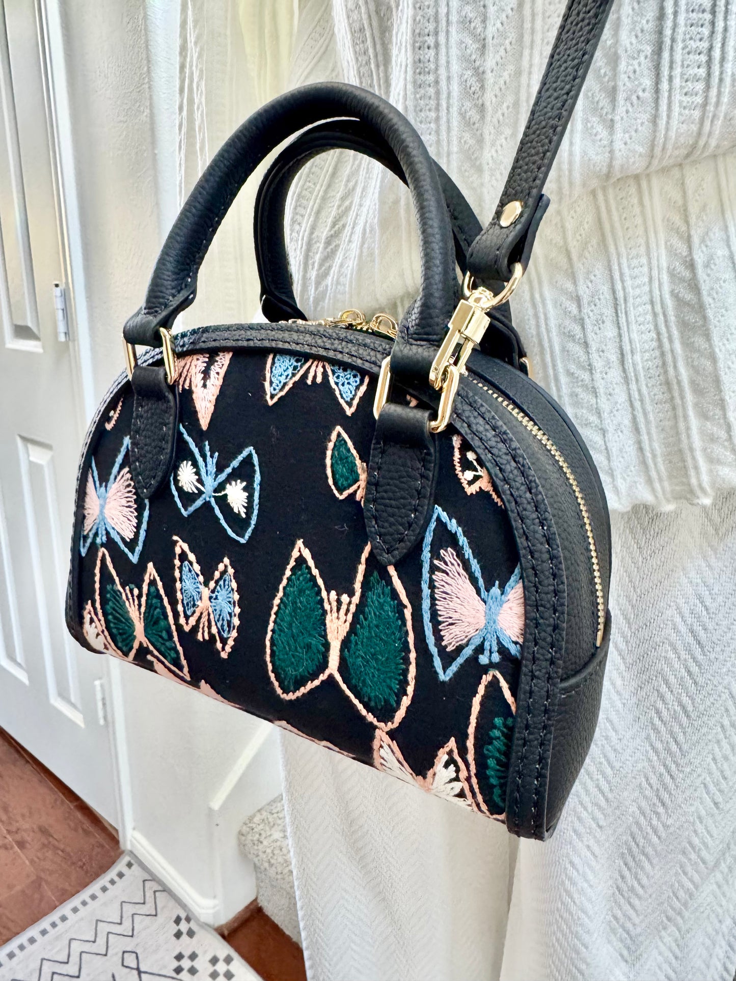 ESH Exclusive Collection - Green tambourine | Double-sided Pattern | mina perhonen Fabric | Real Leather | Handle | Crossbody | Handmade Products