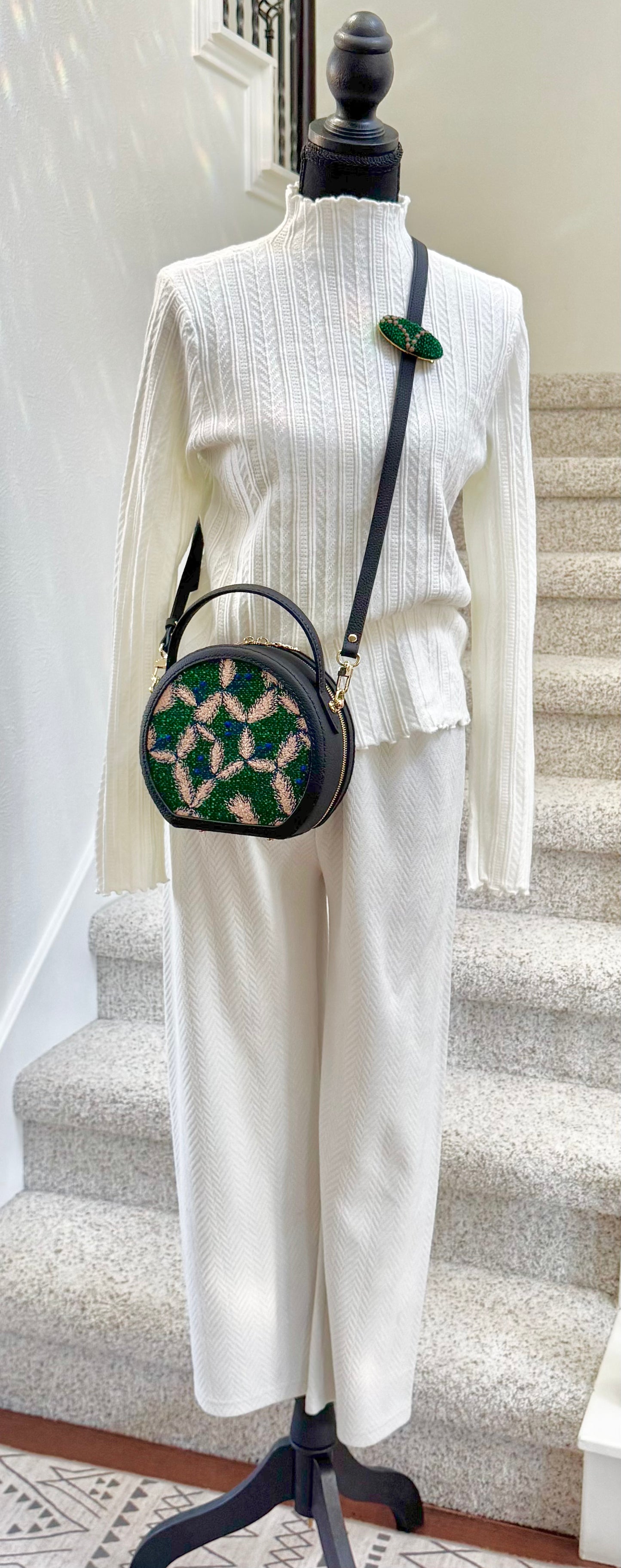 ESH Exclusive Collection - Green tambourine/ sing leaf | Double-sided Pattern | mina perhonen Fabric | Real Leather | Handle | Crossbody | Handmade Products