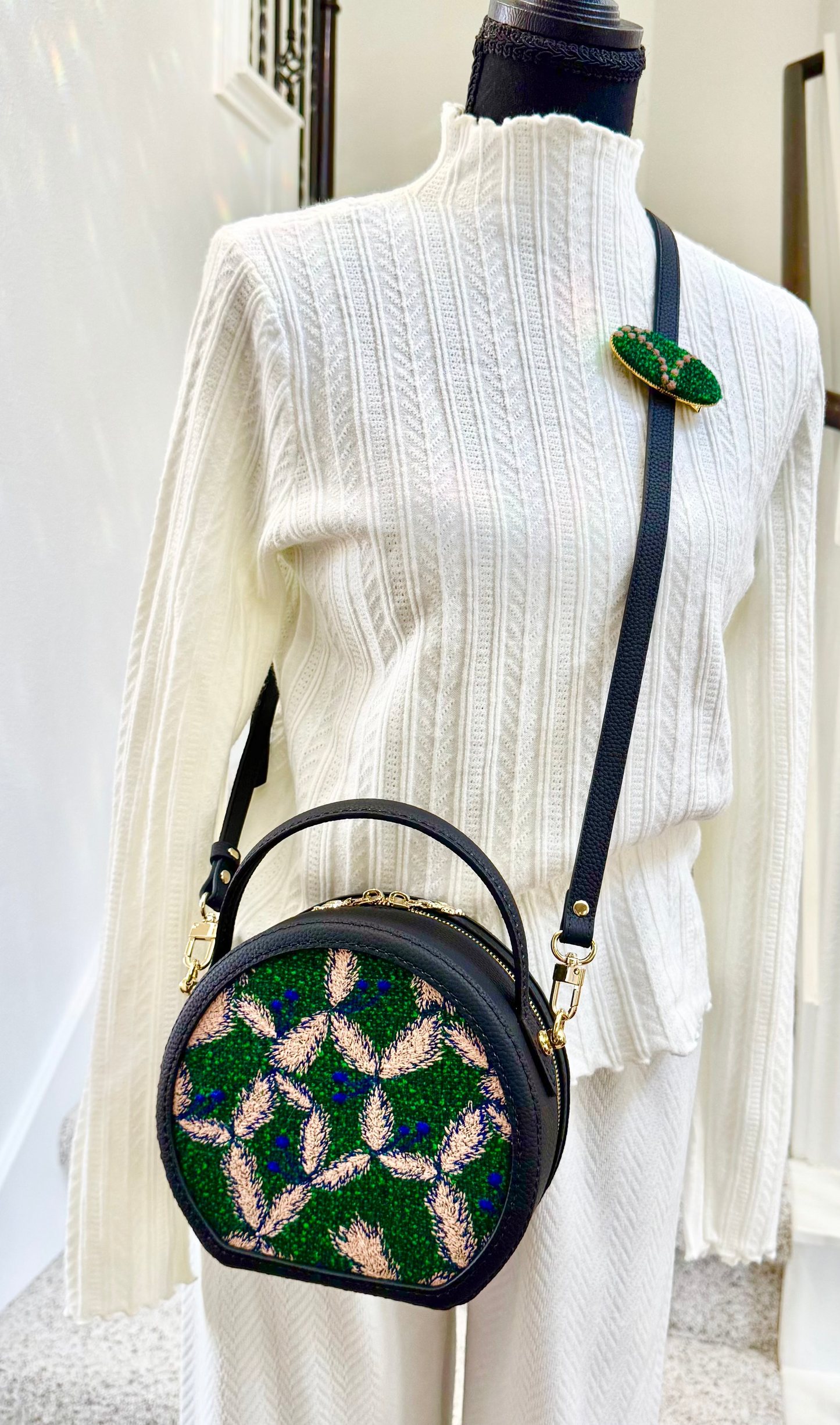 ESH Exclusive Collection - Green tambourine/ sing leaf | Double-sided Pattern | mina perhonen Fabric | Real Leather | Handle | Crossbody | Handmade Products