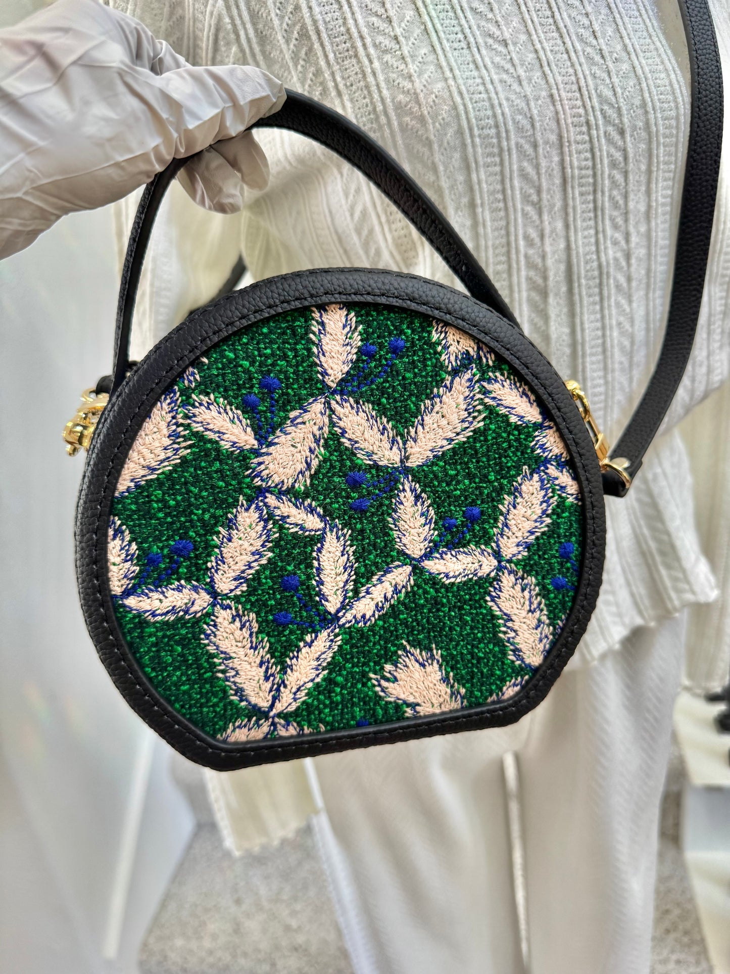 ESH Exclusive Collection - Green tambourine/ sing leaf | Double-sided Pattern | mina perhonen Fabric | Real Leather | Handle | Crossbody | Handmade Products