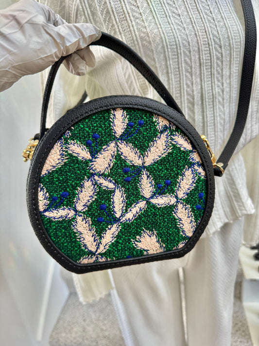 ESH Exclusive Collection - Green tambourine/ sing leaf | Double-sided Pattern | mina perhonen Fabric | Real Leather | Handle | Crossbody | Handmade Products