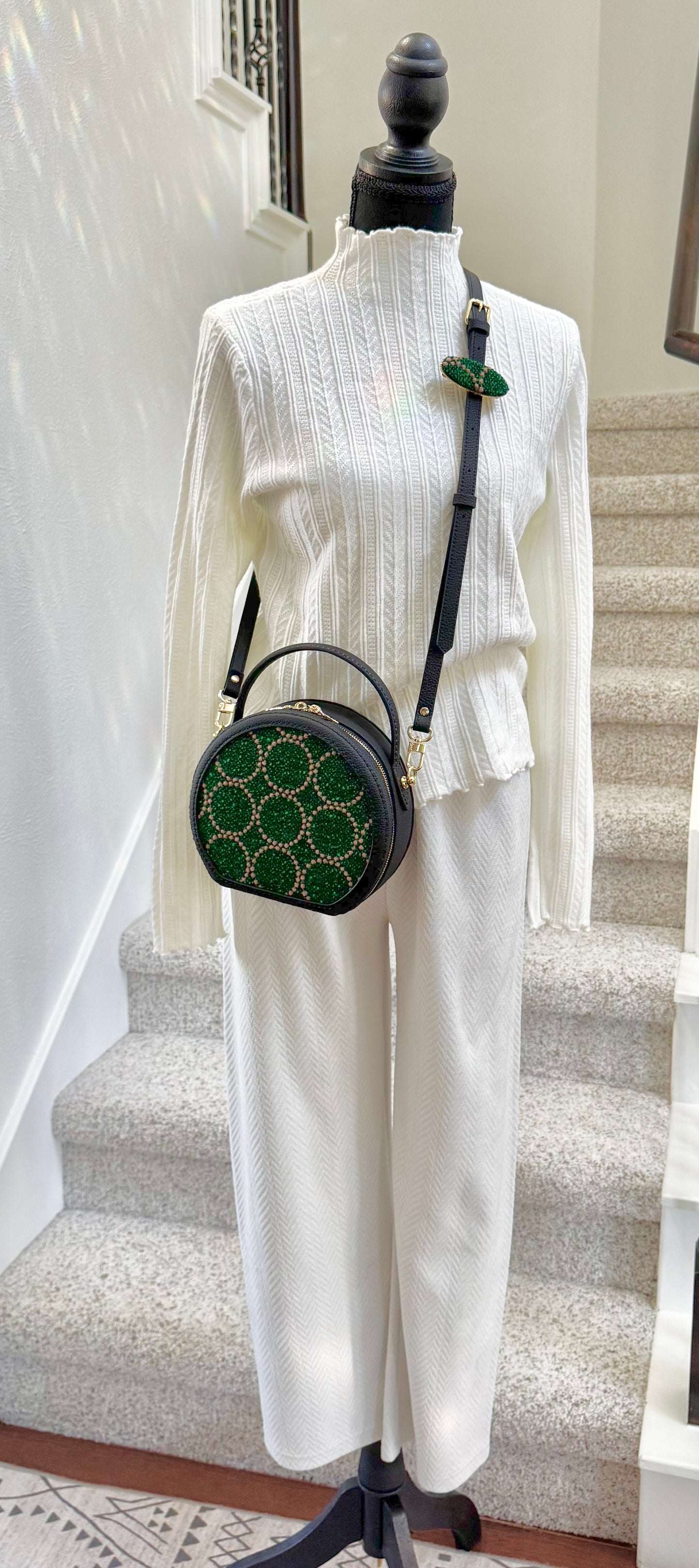 ESH Exclusive Collection - Green tambourine/ sing leaf | Double-sided Pattern | mina perhonen Fabric | Real Leather | Handle | Crossbody | Handmade Products