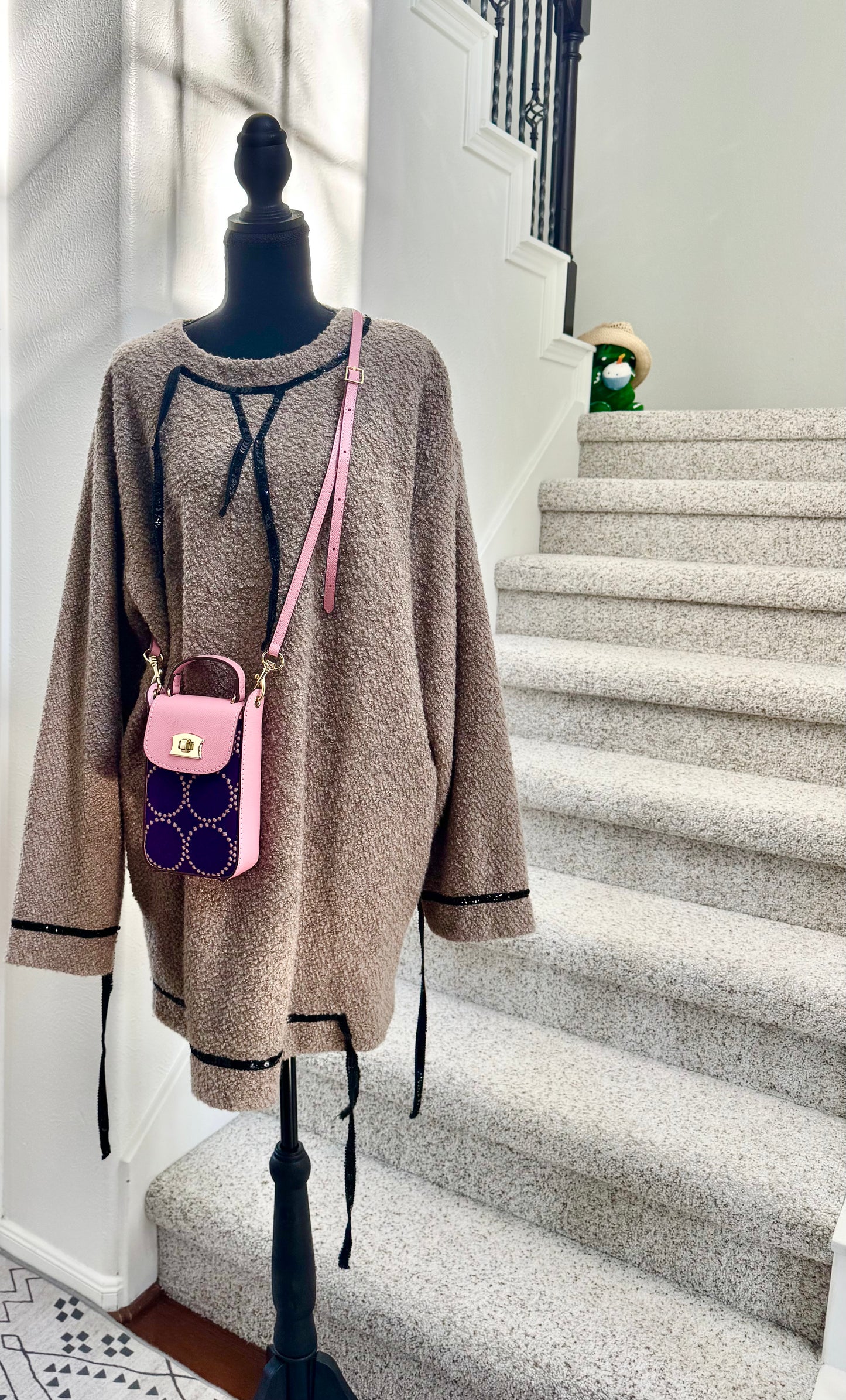 ESH Exclusive Collection - Purple | Phone Bag | Double-sided Pattern | mina perhonen Fabric | Real Leather | Handle | Crossbody | Handmade Products