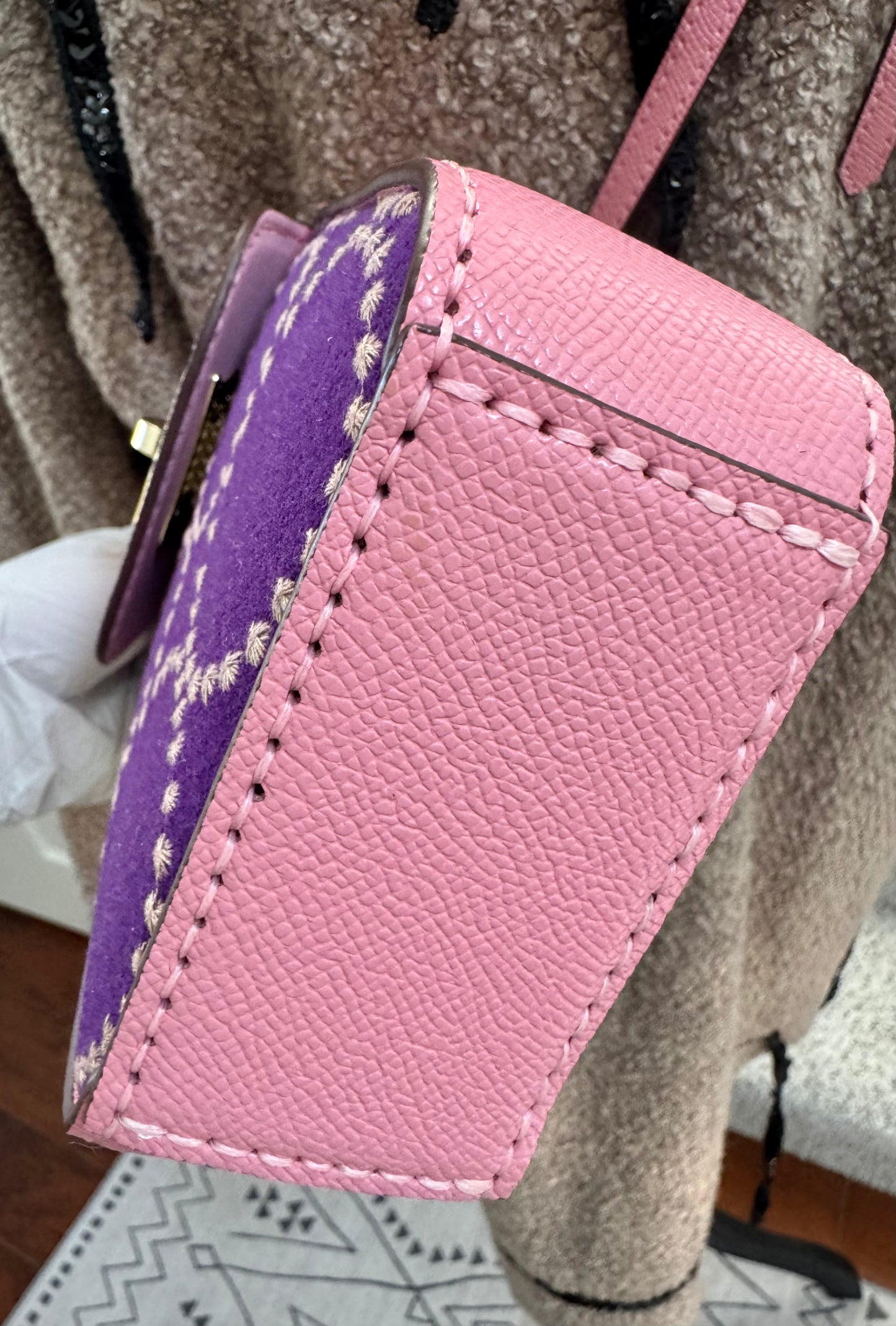 ESH Exclusive Collection - Purple | Phone Bag | Double-sided Pattern | mina perhonen Fabric | Real Leather | Handle | Crossbody | Handmade Products