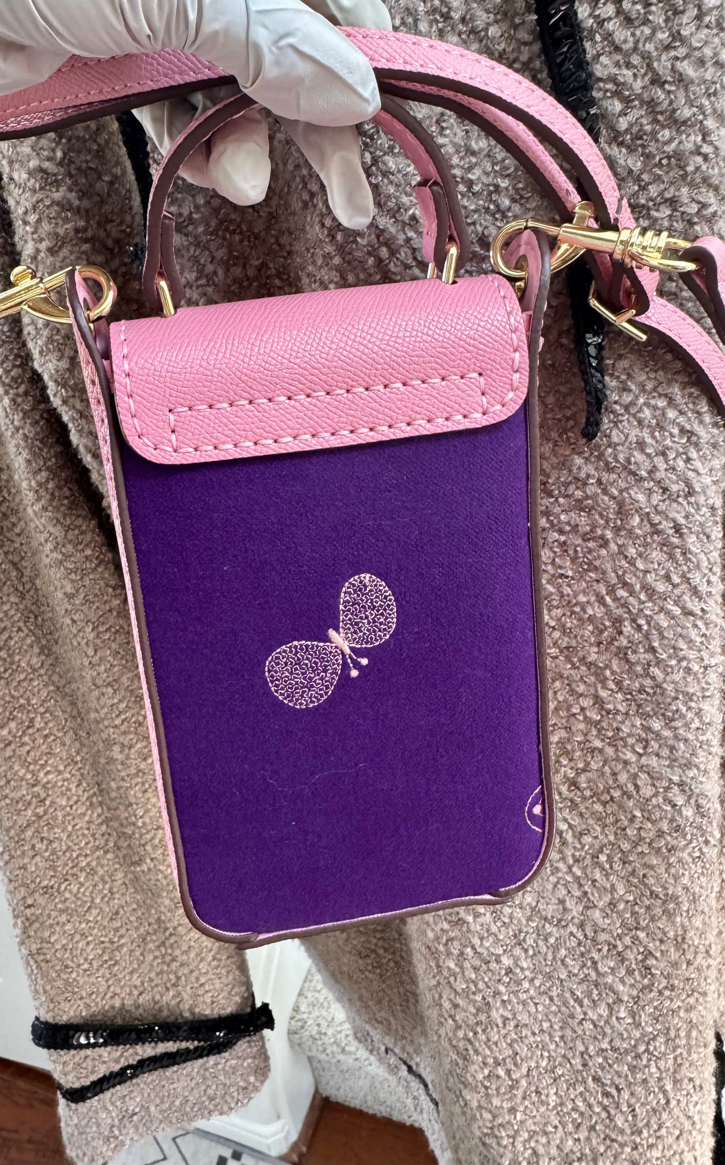 ESH Exclusive Collection - Purple | Phone Bag | Double-sided Pattern | mina perhonen Fabric | Real Leather | Handle | Crossbody | Handmade Products